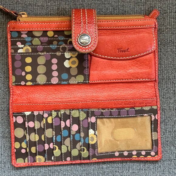 Fossil Women's Orange Genuine Pebble Leather Bi-Fold Snap Button Slim Wallet - Picture 3 of 12